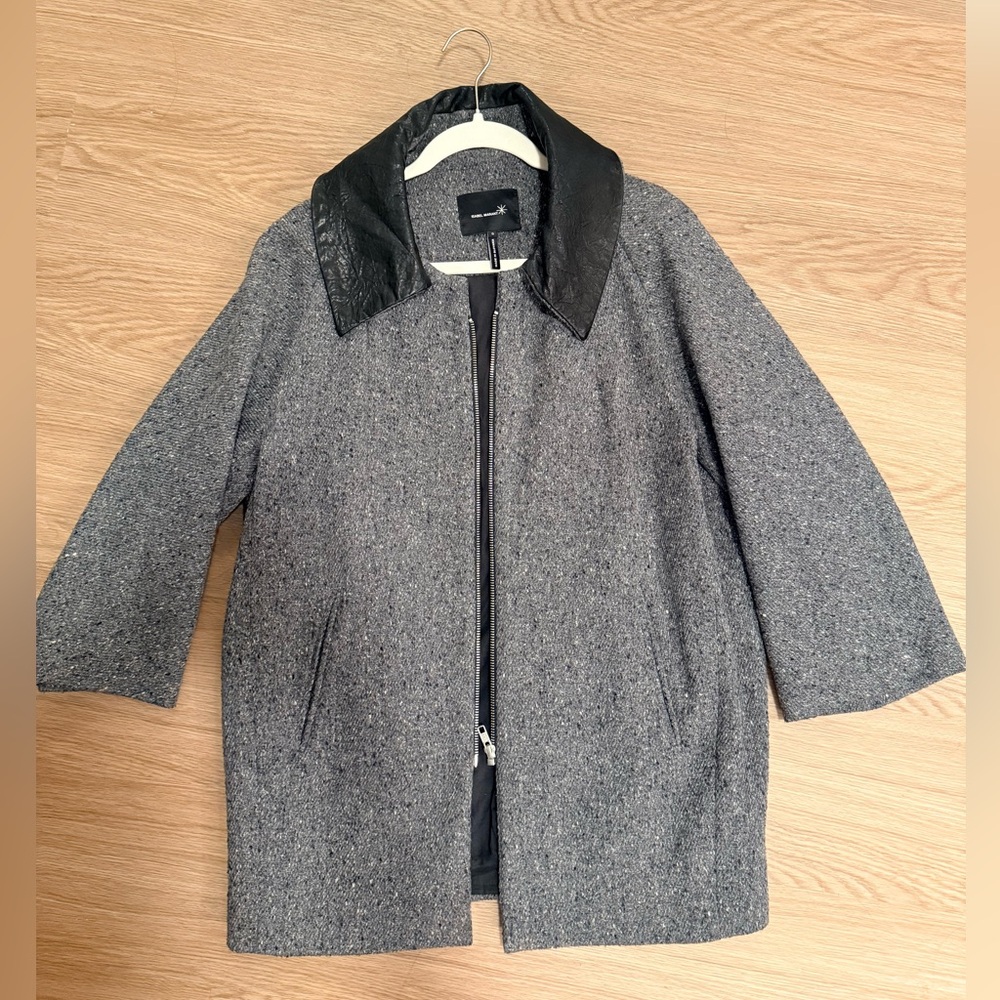 Isabel Marant Herringbone Tweed Wool Cocoon Car Coat w/ Leather Collar Size 1
